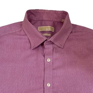 Michael Kors Mens Non Iron Red Pink  Plaid Button Down Shirt 34/35 Neck 17.5”
